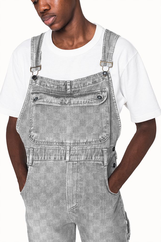 Png transparent denim dungarees mockup with white t-shirt streetwear shoot