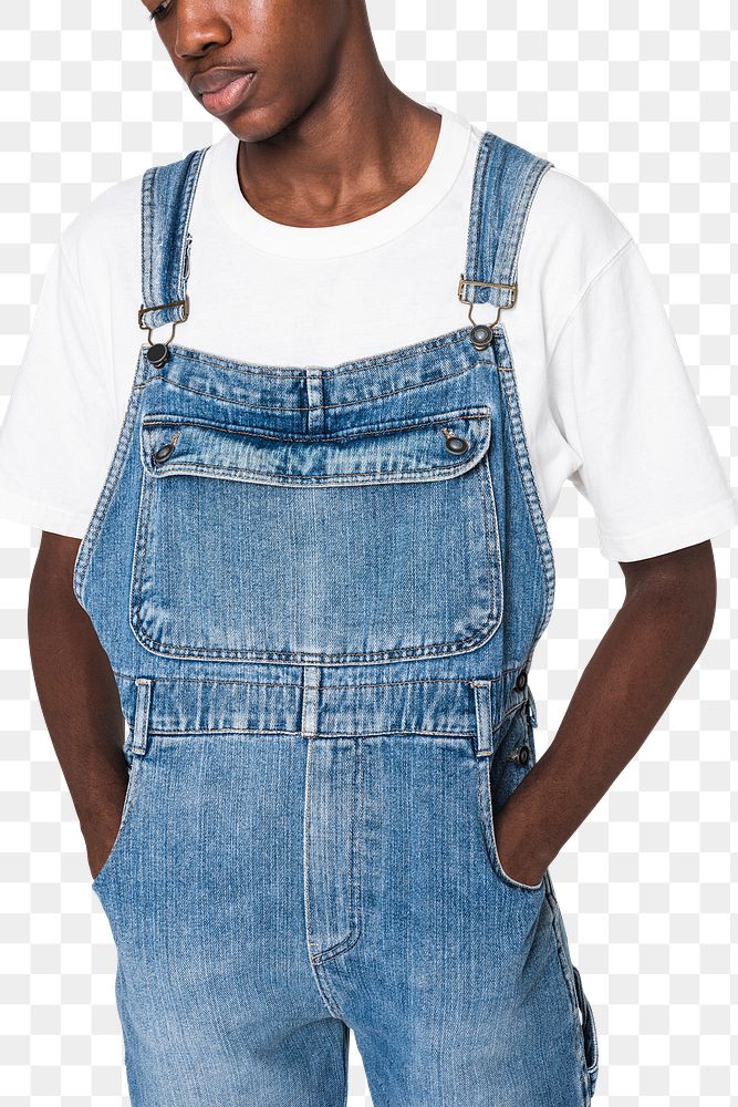 Png teenage boy mockup in denim dungarees overall apparel fashion shoot