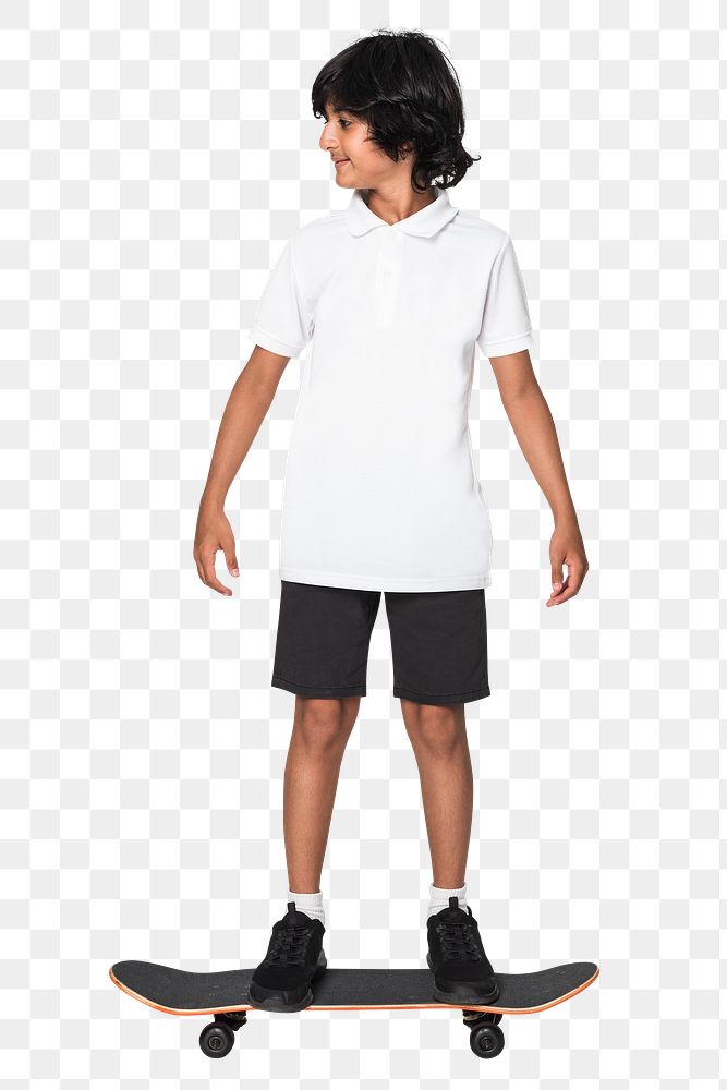 Png skater boy in white polo t-shirt full body youth apparel shoot