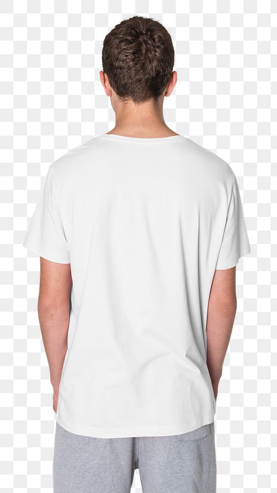 Png teen boy mockup in white tee basic youth apparel shoot rear view