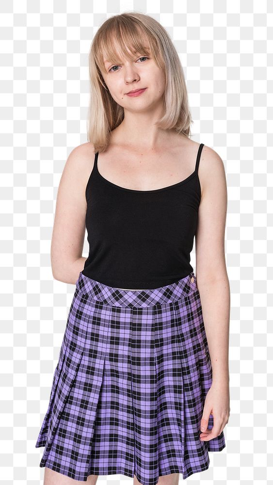 Png blonde girl mockup in black tank top and purple pleated skirt grunge fashion