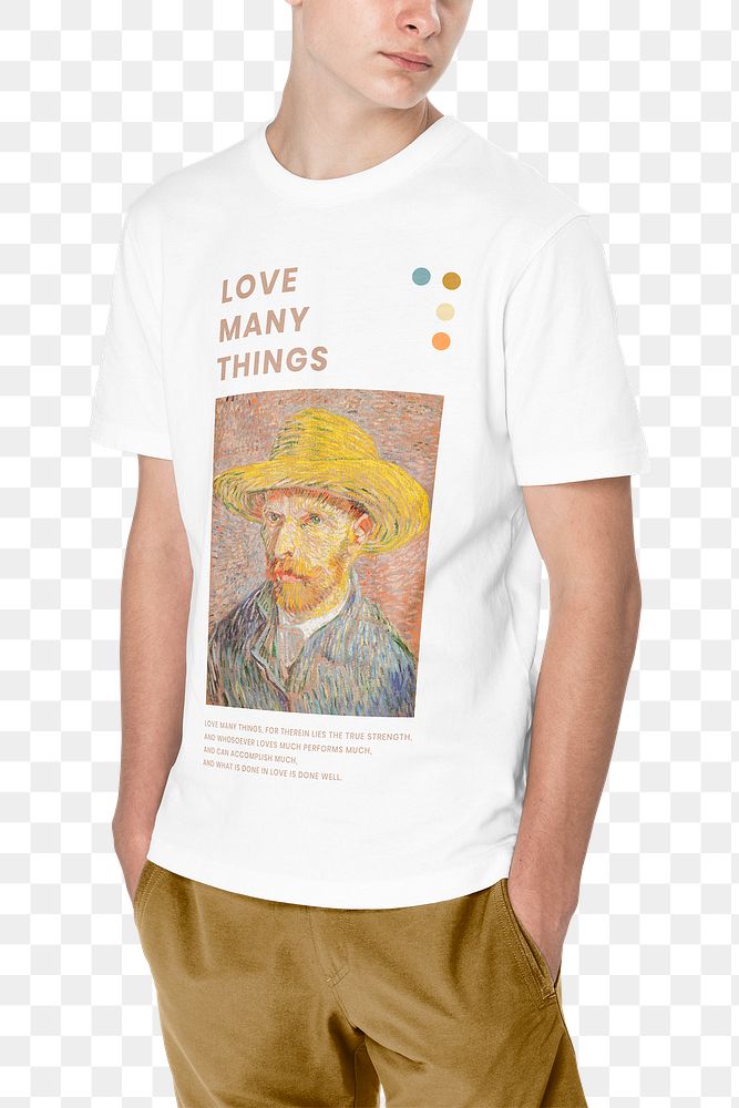 Png white t-shirt mockup with Van Gogh print youth apparel shoot