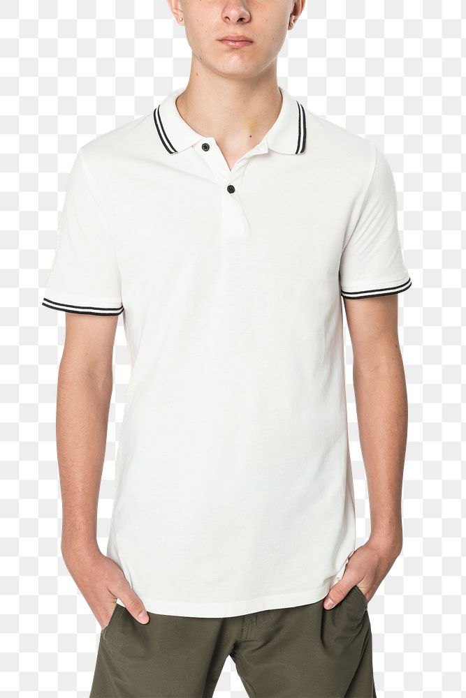 Png teenage boy mockup in white polo shirt basic youth apparel shoot