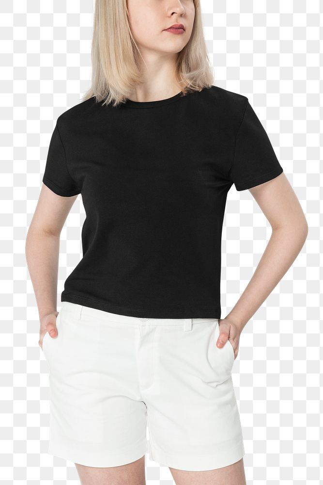 Png teen girl mockup in black tee basic youth apparel shoot