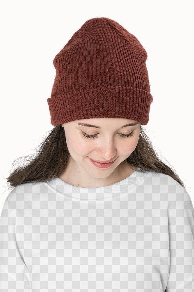 Png sweatshirt mockup with brown beanie street fashion shoot