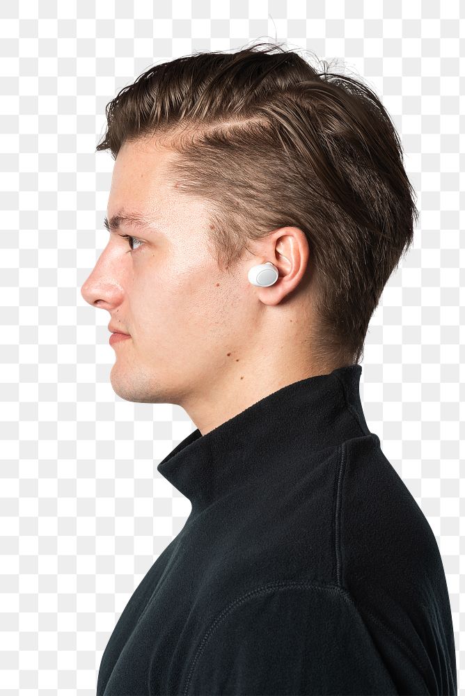 Wireless earbud png mockup in man&rsquo;s ear