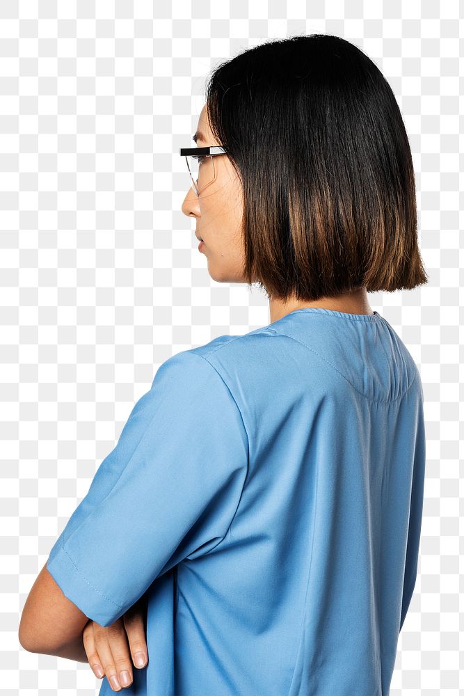 Rear view doctor png mockup in medical uniform