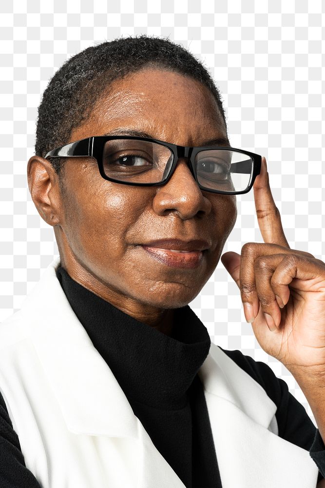 African American woman png mockup in beige suit portrait touching a glasses