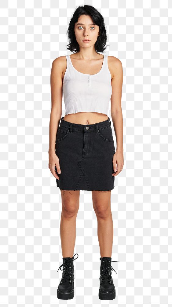 Png woman in black skirt and  cropped top mockup