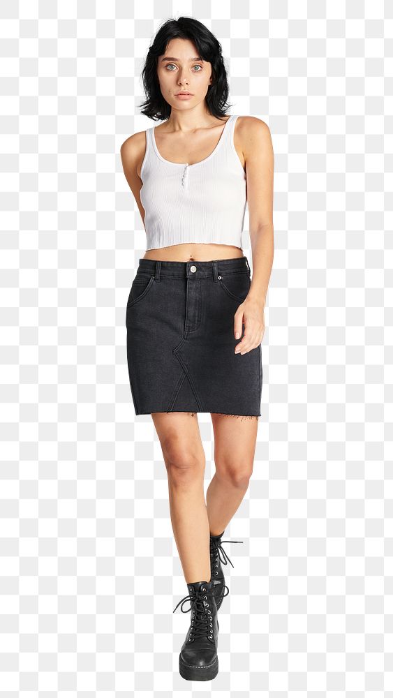 Png woman in black skirt and  cropped top mockup