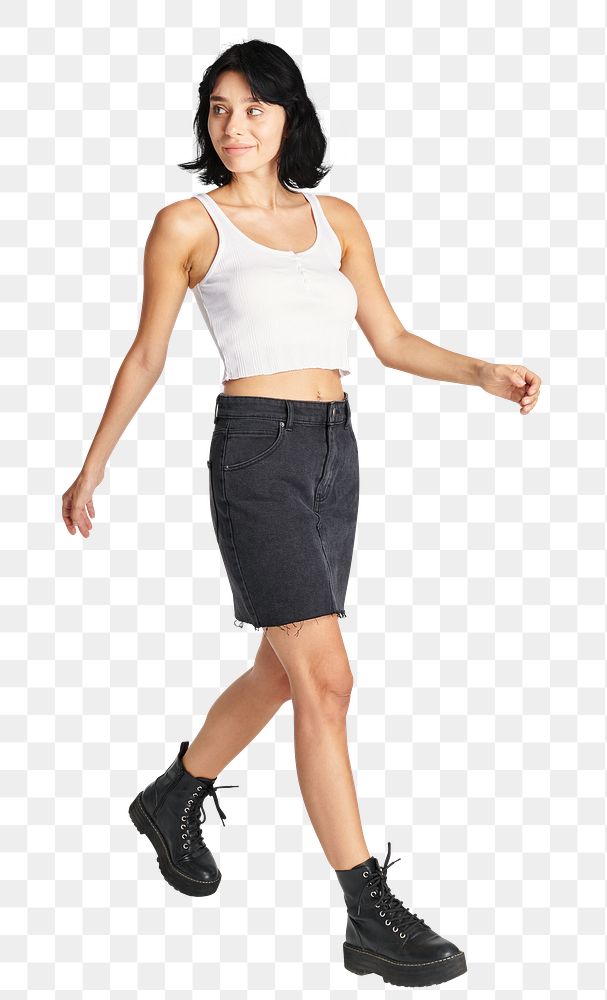 Png woman's white crop top and a black skirt with combat boots 