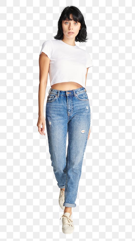 Png women's white crop top and mom jeans full body shot 