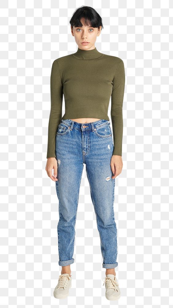 PNG woman in high neck top mockup with high waisted blue jeans