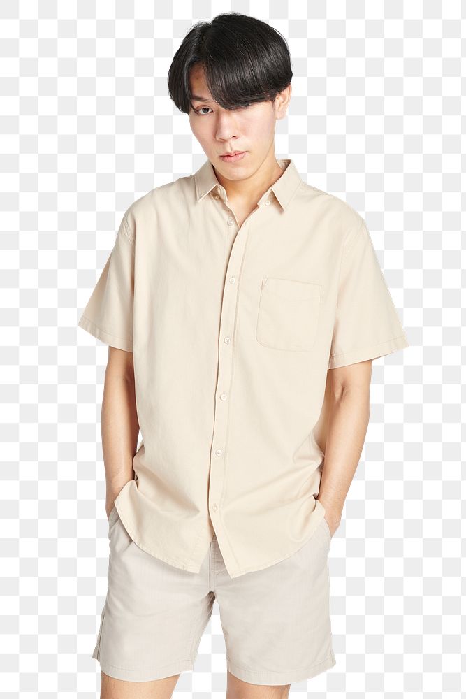 Png Asian man wearing a beige shirt mockup