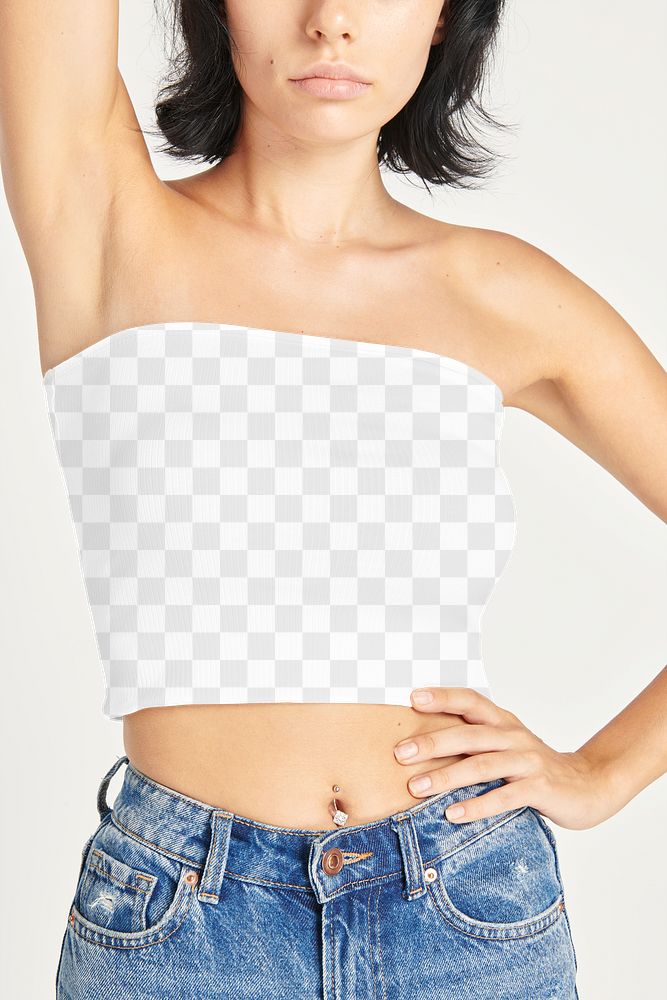 PNG woman in high-waisted jeans and a white bandeau top