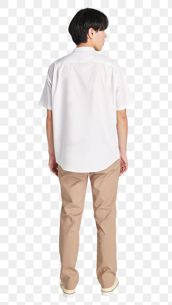 Png man wearing a minimal white shirt mockup rear view