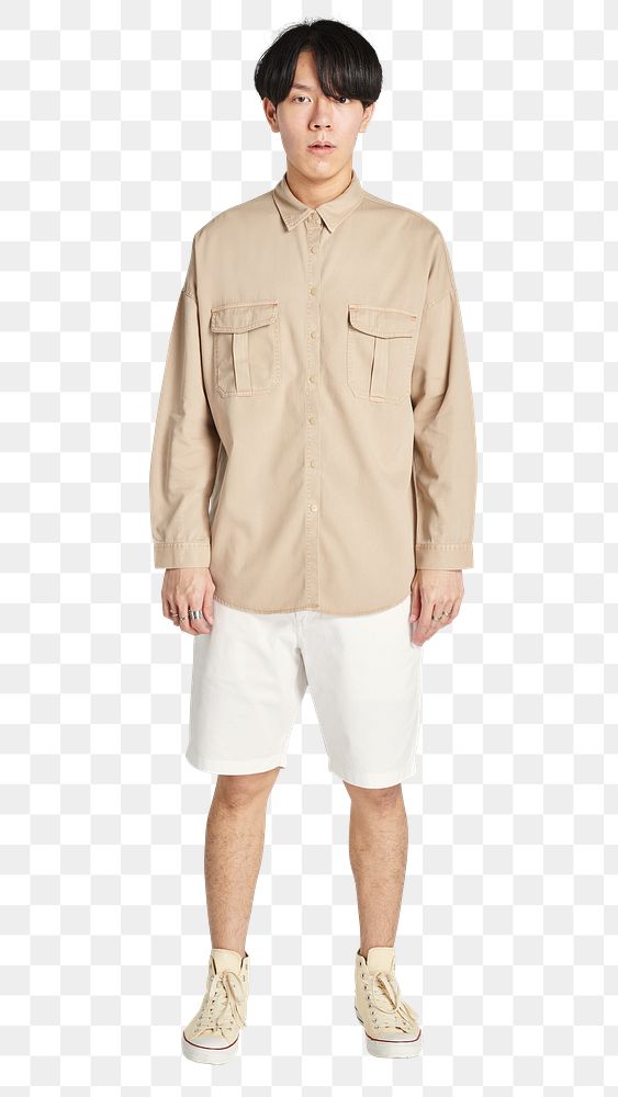 Png man in a beige long sleeves shirt mockup