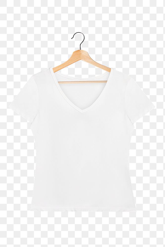 Png women's white t-shirt mockup on a wooden hanger 