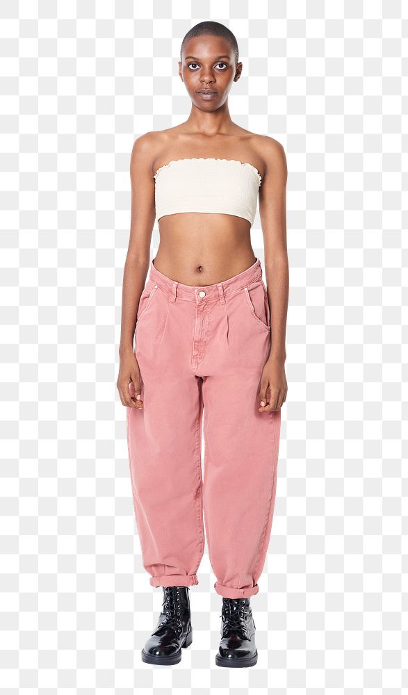 PNG black woman in pink jeans and a white bandeau top