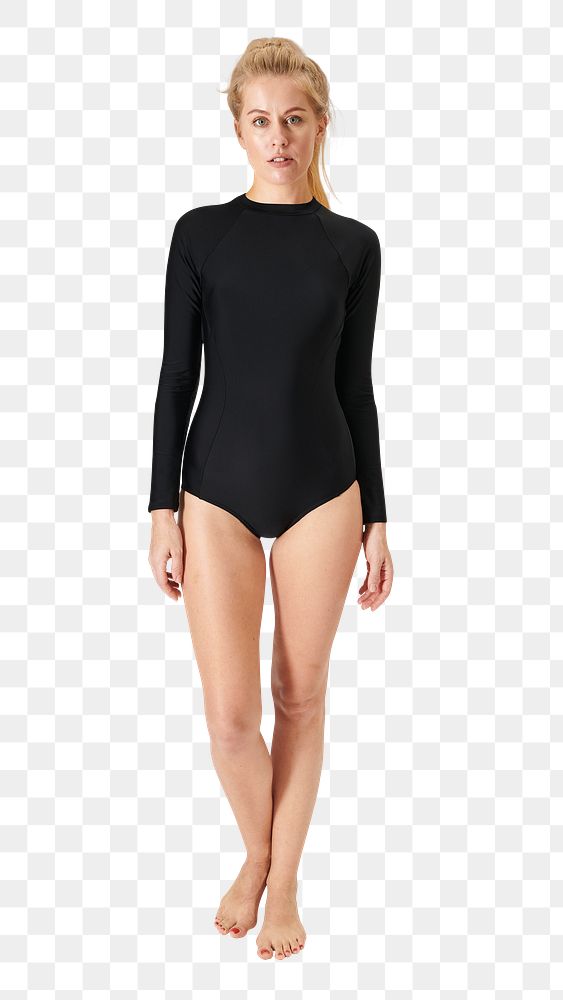 Png women's black long sleeved swimsuit full body mockup