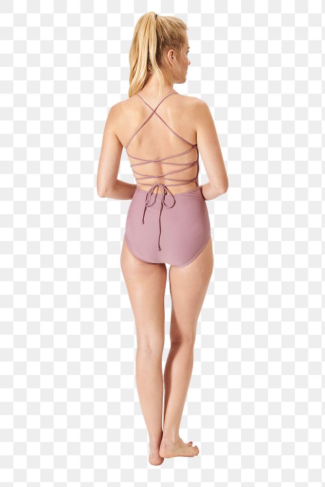 Woman in pink swimsuit png mockup rear view