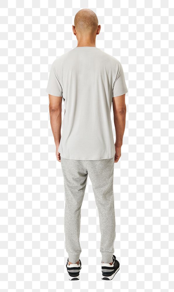 Png man in gray tee and sweatpants mockup