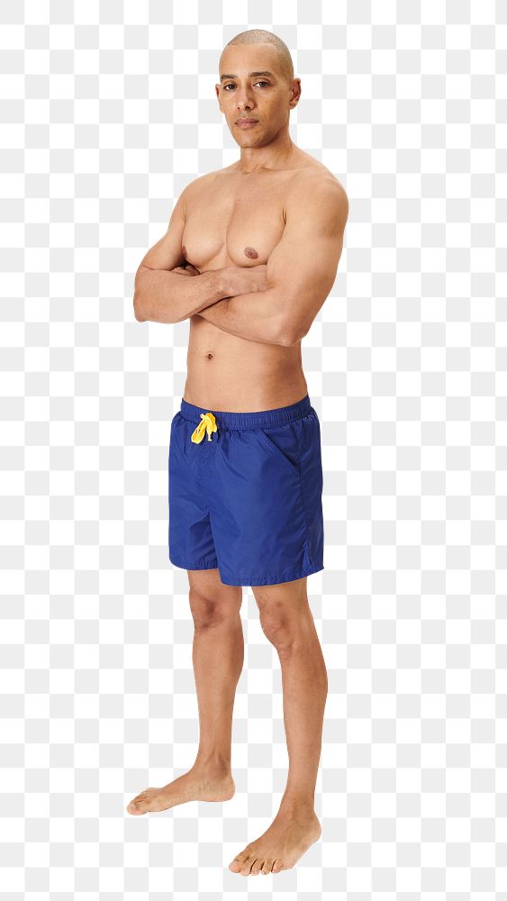 Png man in blue board shorts mockup swimwear