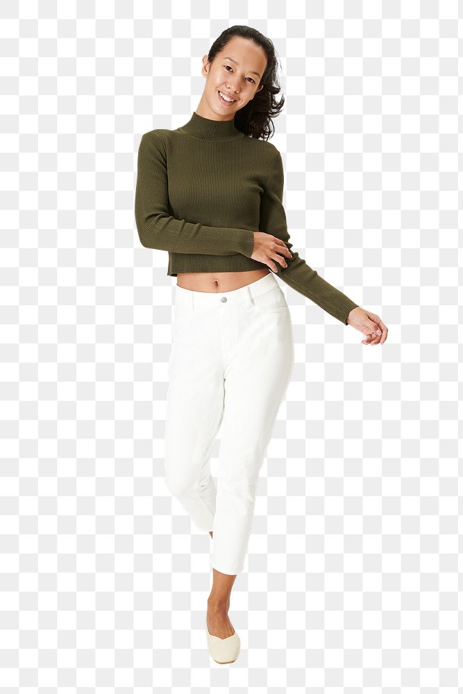 PNG woman in dark green top and white pants