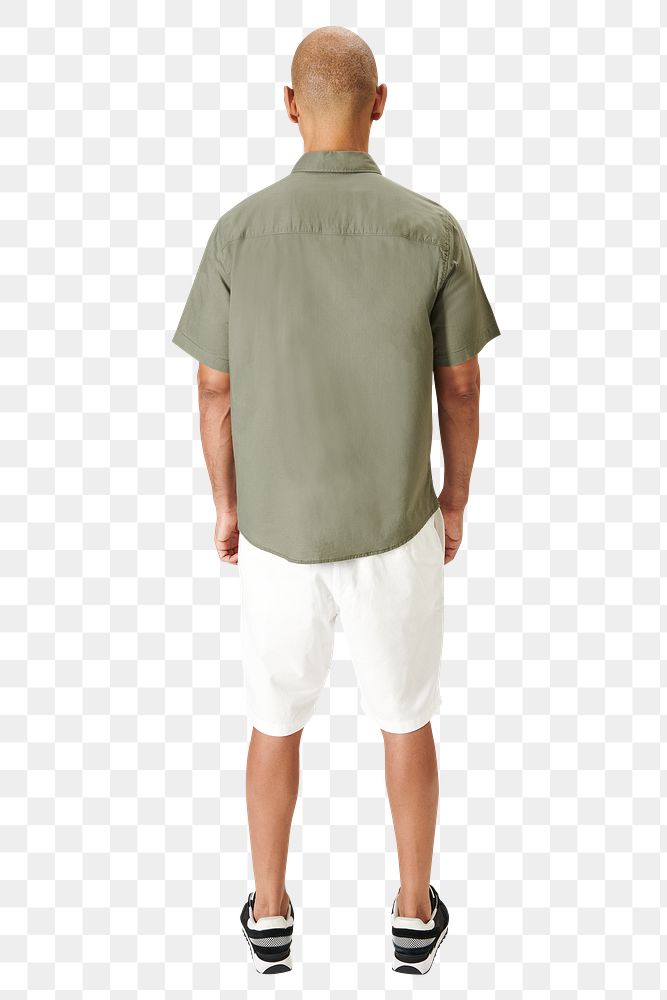 Png man in a minimal sage green shirt mockup rear view