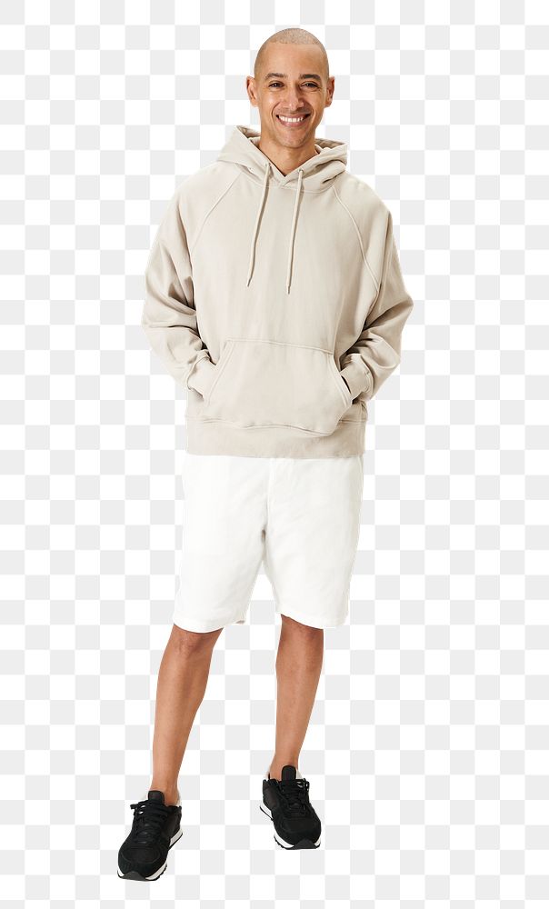 Happy man wearing a beige hoodie png mockup