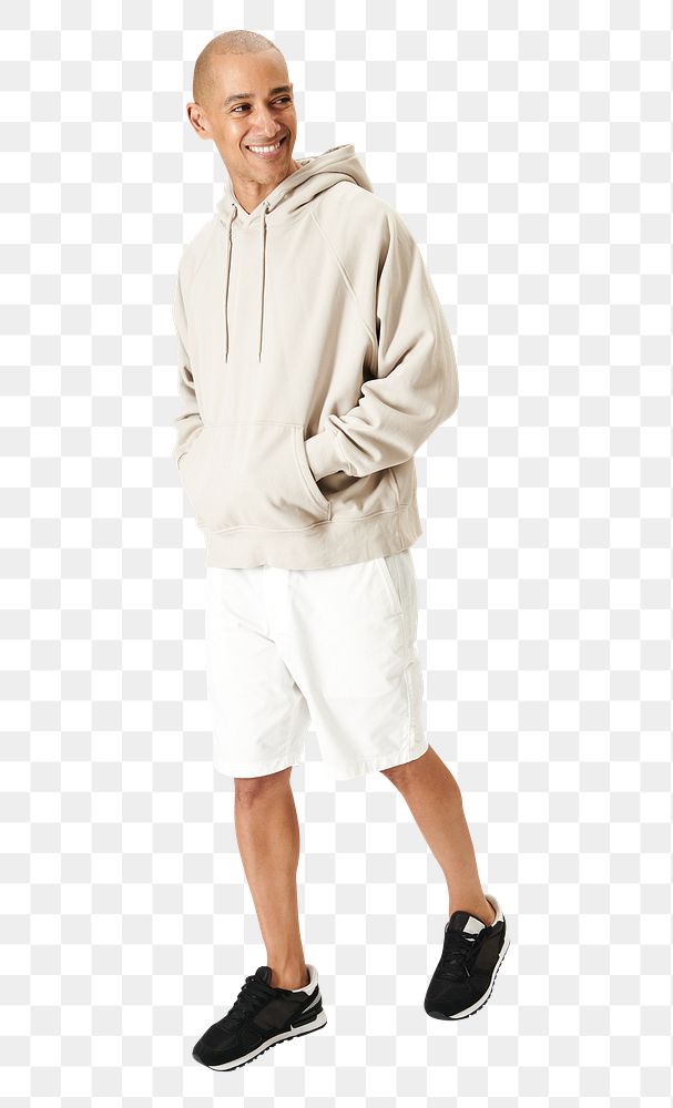 Png man wearing a beige hoodie mockup