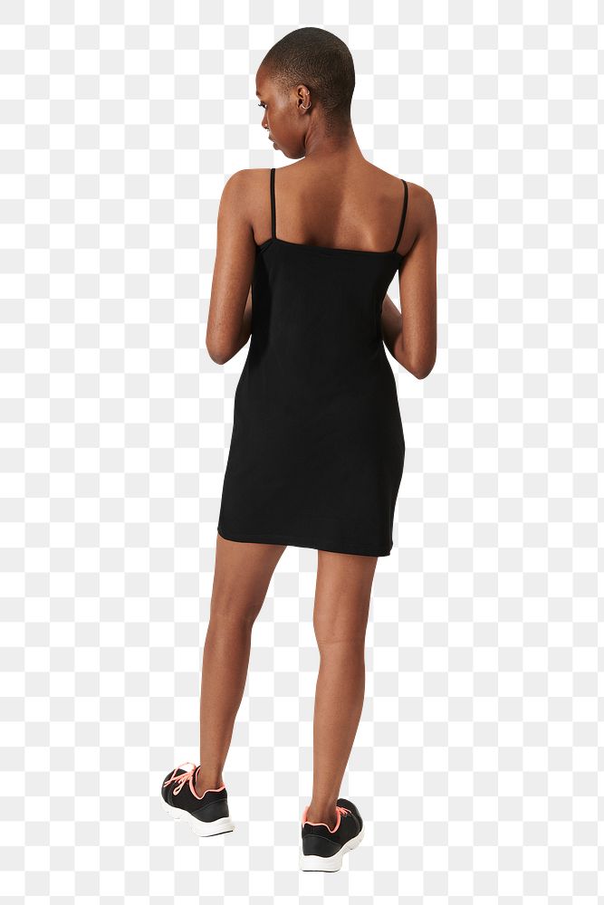 Png woman in a black dress mockup rear view