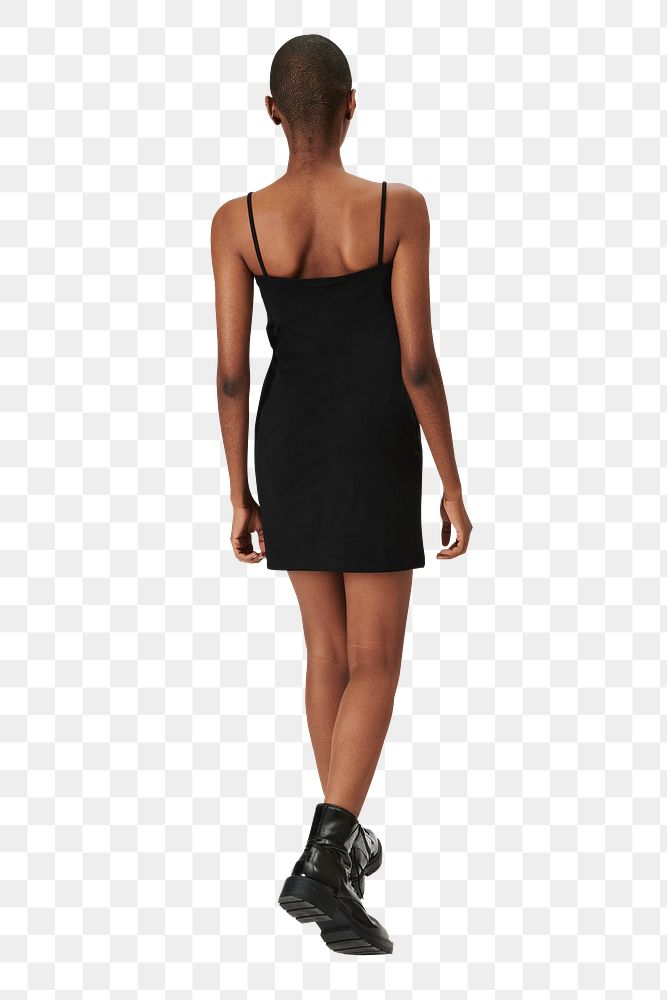 Png woman in a black dress mockup rear view