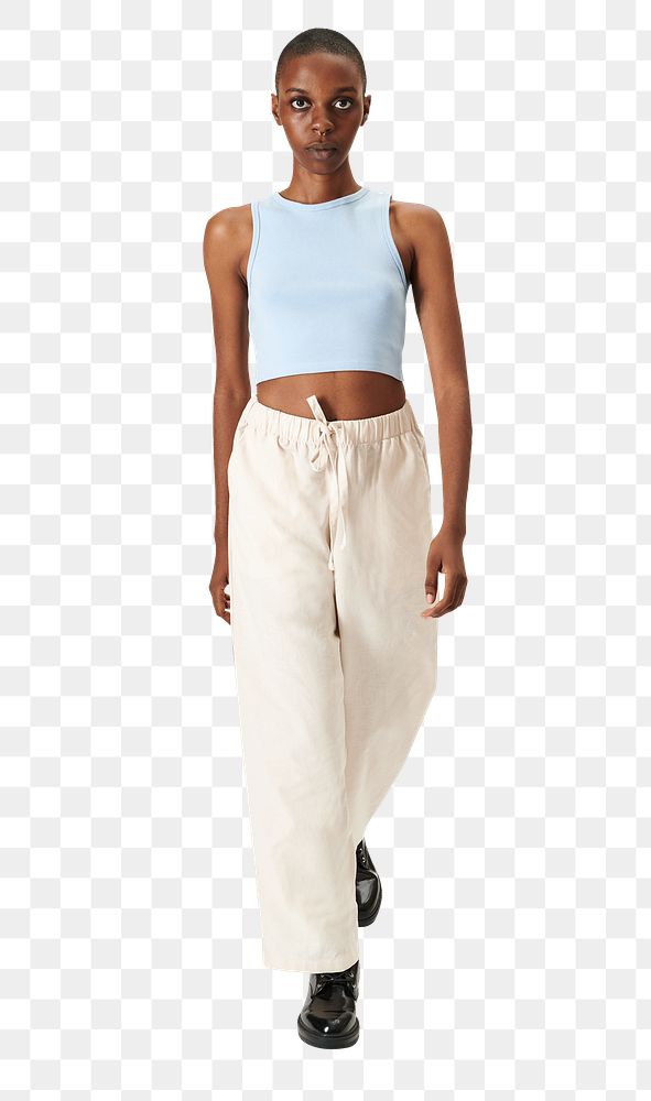 Png woman in blue crop tank top and sweat pants full body shot 