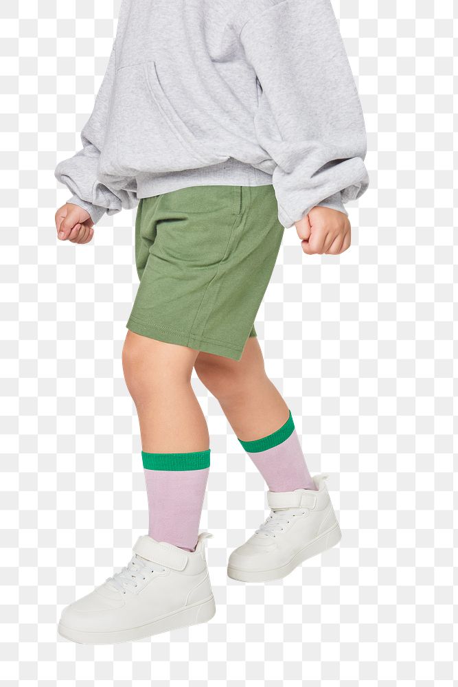 Child png gray sweatshirt with white sneakers mockup studio shot
