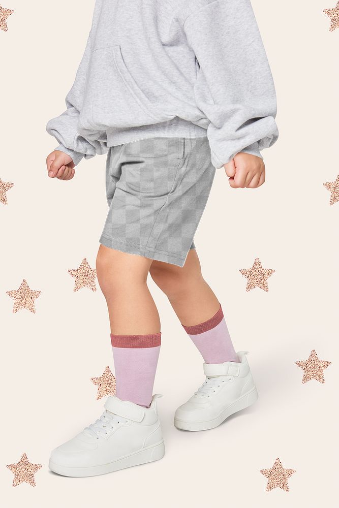 Kid png in pants mockup gray sweatshirt with white sneakers studio shot