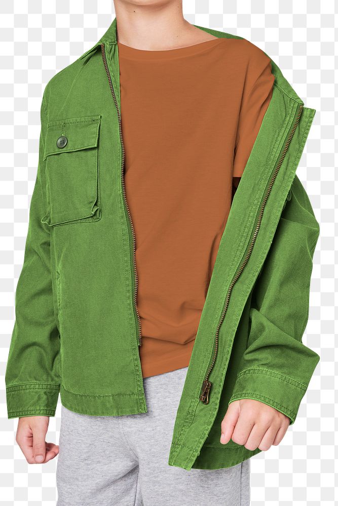 Png boy wearing green jacket mockup in studio