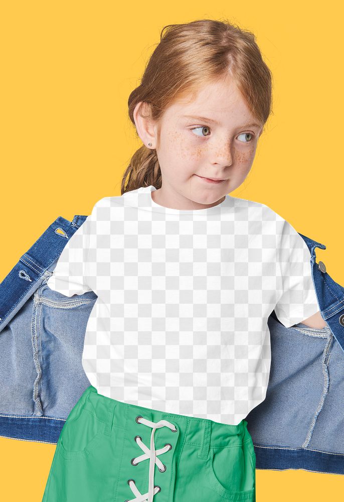 Girl wearing png t-shirt mockup with denim jacket