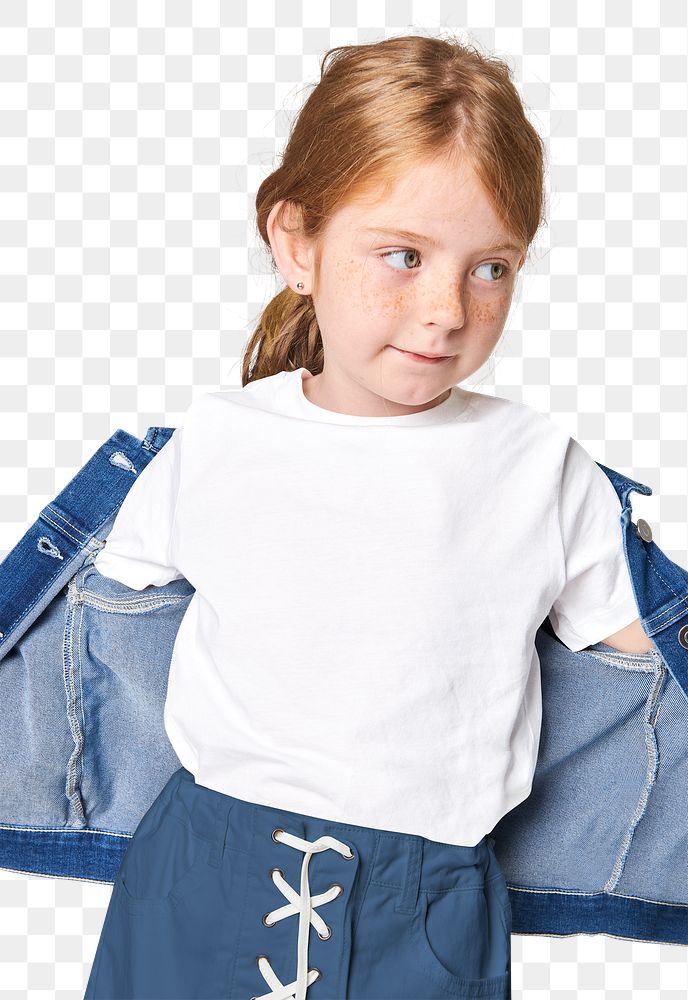 Girl wearing denim jacket png mockup