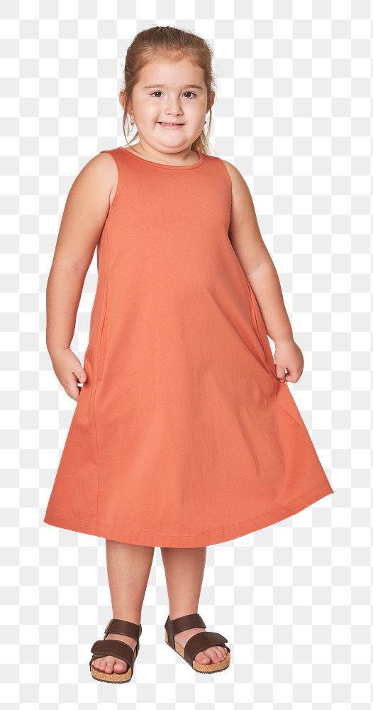 Girl's casual orange dress png full body mockup