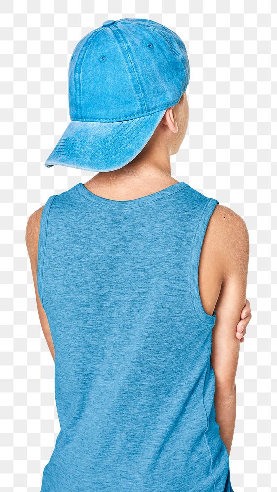 Boy's casual tank top with blue cap png mockup