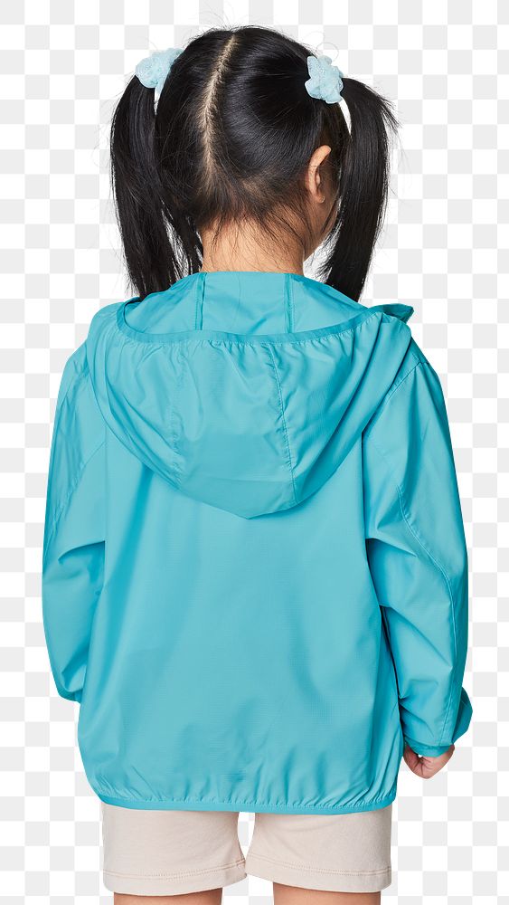 Back view girl wearing blue jacket png mockup