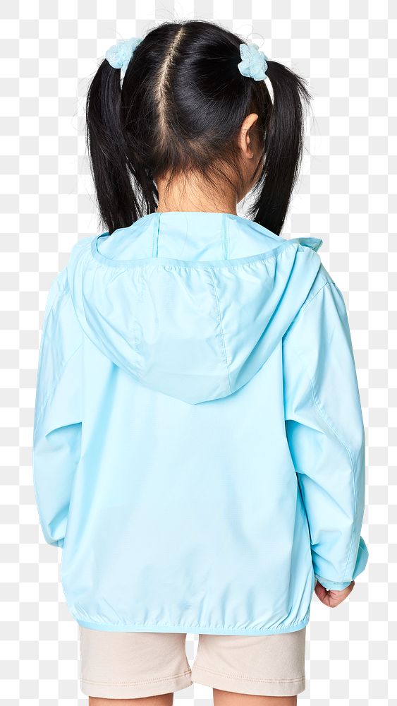 Back view girl wearing blue jacket png mockup