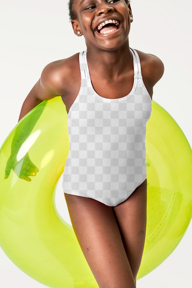 Black woman in a png swimsuit with swim tube