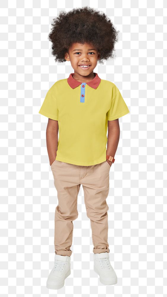 Black boy wearing yellow polo t shirt png mockup full body