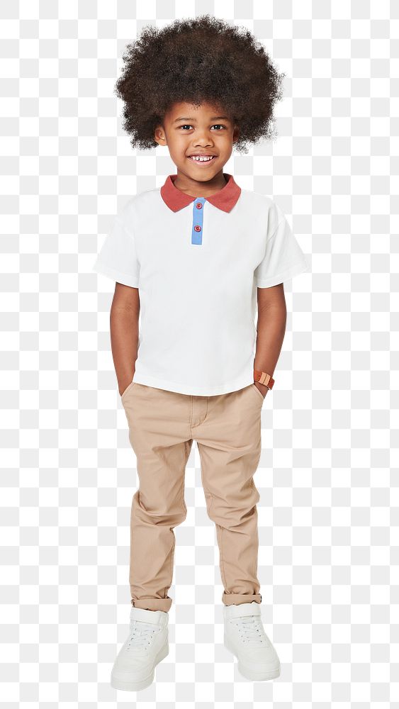 Black boy wearing white polo t shirt png mockup full body