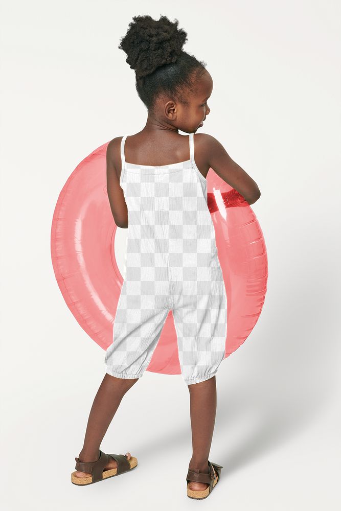 Back view black girl in png jumpsuit with swim ring