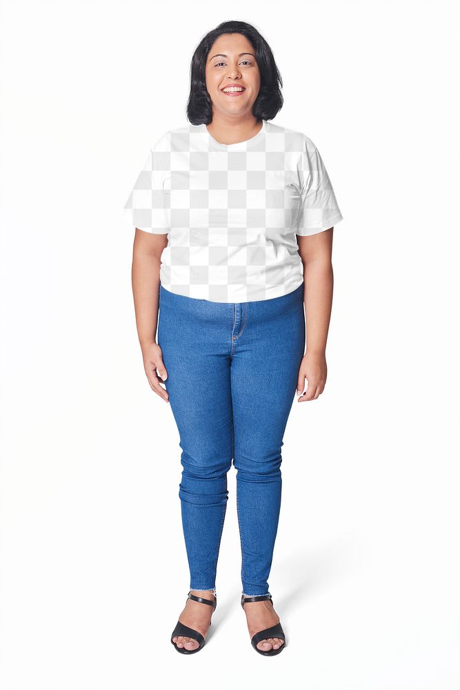 Plus size white t-shirt and jeans apparel png mockup women's fashion