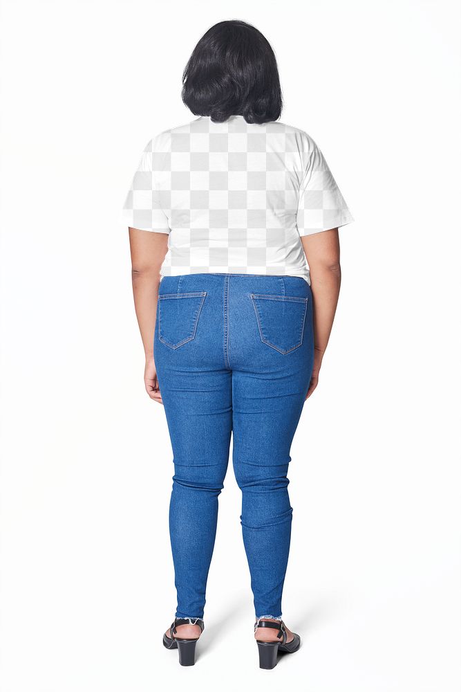 Plus size white t-shirt and jeans apparel png mockup women's fashion
