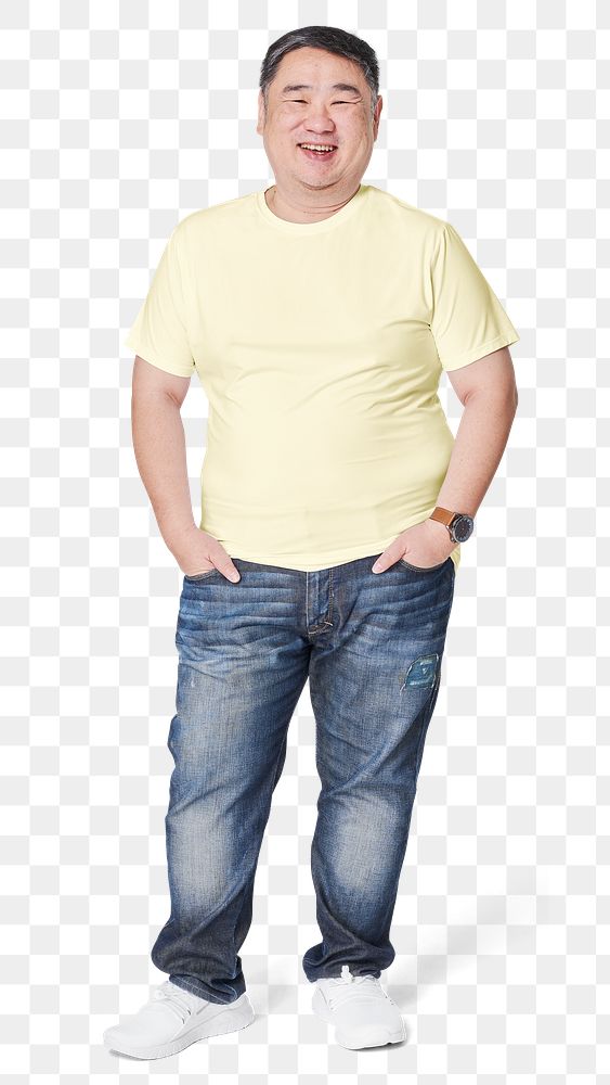 Men's yellow tee and jeans plus size fashion png mockup studio shot